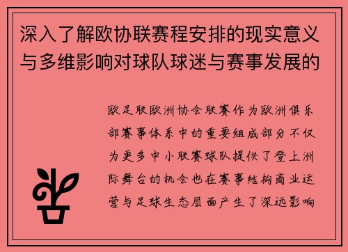 深入了解欧协联赛程安排的现实意义与多维影响对球队球迷与赛事发展的分析